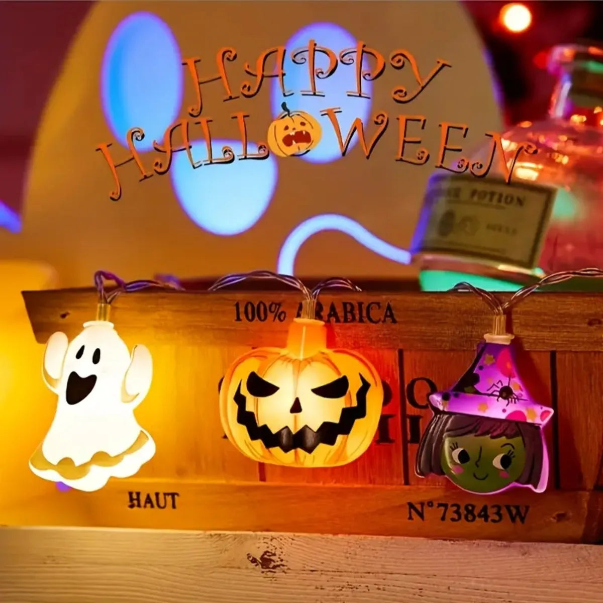 Halloween LED Battery Powered String Lights With Ghost Witch